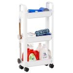 Yieach Slim Baby Storage Cart,3 Tier Rolling Carts With Wheels and Laundry Room Organization and Storage,Utility Bathroom Shelf and Slide Out Organizer for Kitchen,Laundry Narrow Storage Cabinet,White