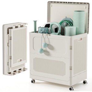 HAIXIN Large Plastic Storage Bins, Folding Storage Containers with Wheels, Sports Equipment Organizer, Basketball, Golf Balls, Home Garage Storage Box (Milk White, 32.4Gal)