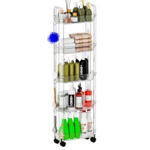 SuoXing 5 Tier Rolling Cart with Wheels,Clear Bathroom Storage Organizer,Narrow Laundry Room Storage and Utility Cart Mobile Shelving Unit,Slim Snack,Craft,Book Dorm Storage Cart for Small Spaces
