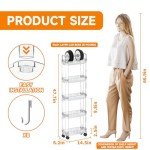 SuoXing 5 Tier Rolling Cart with Wheels,Clear Bathroom Storage Organizer,Narrow Laundry Room Storage and Utility Cart Mobile Shelving Unit,Slim Snack,Craft,Book Dorm Storage Cart for Small Spaces