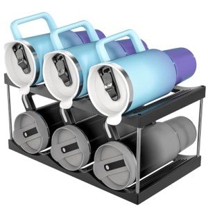 Black Water Bottle Organizer,Stackable Bottle Storage Rack,2 Pack Wine and Tumbler Water Bottle Holder for Cabinet Organization and Storage,Plastic Wine Display