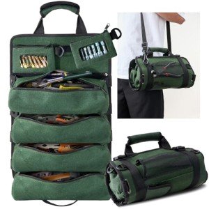 Tool Bag，Roll Up Tool Bag, Heavy Duty Portable Tool Organizer with and 4 detachable and secure zipper pockets,2 detachable transparent pockets,Gift for Dads, Mechanics