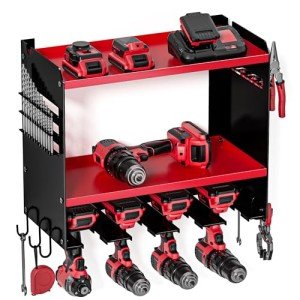 Spampur Power Tool Organizer Wall Mount, 15 Min Fast Assembly & Maximum 100lb load by Heavy Duty Metal,4/6/8 Slots for Cordless Drill, Garage Storage Shelf with Hooks, Suitable for Pegboard/Shed