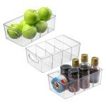 Naivees Plastic Divided Storage Containers Storage Bin Storage Containers with 4 Dividers Cabinet Organization Clear Plastic Bins for Fridge,Pantry, Kitchen (3 Pack)