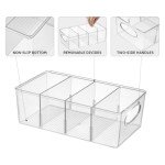 Naivees Plastic Divided Storage Containers Storage Bin Storage Containers with 4 Dividers Cabinet Organization Clear Plastic Bins for Fridge,Pantry, Kitchen (3 Pack)