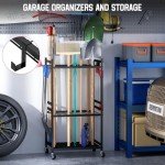 DAOUTIME Garden Tool Organizer with Wheels, Yard Tool Tower rack for Garage Organization and Storage, Up to 35 Long-Handled Tools, Sturdy Metal Steel Tool Holder with 3 Hooks, Outdoor, Black