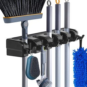 HYRIXDIRECT Wall Mount Broom Mop Holder Hanger Garden Tool Organizers Rack Garage Laundry Room Organizations and Storage with Hooks Heavy Duty