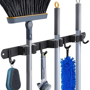 HYRIXDIRECT Broom Holder Wall Mount Broom Organizer Mop Holder Hanger Garden Tool Organizers Storage Rack Garage Laundry Room Organizations and Storage with Hooks Heavy Duty