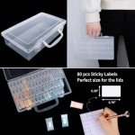 SGHUO 1 Pack 64 Grids Diamond Painting Tool Box Container Craft Storage with Adjustable Dividers for Beads, Art DIY, Crafts, Jewelry, Plastic Organizer with Label Stickers