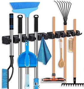 HYRIXDIRECT Broom Holder Wall Mount Broom Organizer Mop Holder Hanger Garden Tool Organizers Storage Rack Garage Laundry Room Organizations and Storage with Hooks Heavy Duty