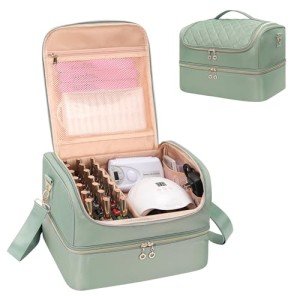 CUBETASTIC Nail Polish Organizer, Portable Nail Polish Storage Case Holds 69 Bottles Nail Polish & Nail Lamp, Travel Nail Supplies Organizer Bag for Nail Tech Kit & Manicure Tools (Rhombus Green)