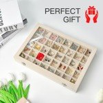 GISK Clear Lid Velvet 40 Grid Jewelry Box with Transparent Glass lid Earring Organizer,Jewelry Organizer with Removable Dividers For Ring,Earring,Jewelry Organization for Girls Women(40 Grid-White)