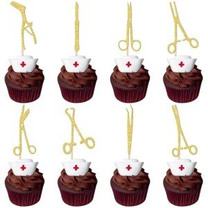 24 PCS Surgical Tool Cupcake Toppers Glitter Surgeon Party Cupcake Picks Surgical Doctor Graduation Cake Decorations for Surgeon Sterile Processing Tech Tool Theme Birthday Party Supplies Gold