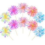 Gjinxi 10 PCS Foil Firework Cupcake Toppers, Happy Birthday Cake Toppers Sparkle Tinsel Cake Toppers Flowers Cake Decoration Cocktail Food Fruit Toothpick for Cake Decoration Party Supplies(Yellow)