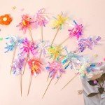 Gjinxi 10 PCS Foil Firework Cupcake Toppers, Happy Birthday Cake Toppers Sparkle Tinsel Cake Toppers Flowers Cake Decoration Cocktail Food Fruit Toothpick for Cake Decoration Party Supplies(Yellow)