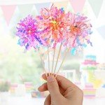 Gjinxi 10 PCS Foil Firework Cupcake Toppers, Happy Birthday Cake Toppers Sparkle Tinsel Cake Toppers Flowers Cake Decoration Cocktail Food Fruit Toothpick for Cake Decoration Party Supplies(Yellow)