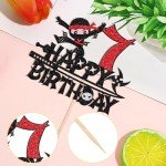 1 PCS Ninja Happy 7th Birthday Cake Topper Black Glitter Seven Years Old Birthday Cake Pick Martial Arts Kung Fu Warriors Cake Decoration for Ninja Theme Seventh Birthday Party Decorations Supplies