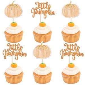 36 PCS Little Pumpkin Cupcake Toppers Pumpkin Cupcake Picks Gender Reveal Cupcake Decoration for Thanksgiving Birthday Baby Shower Fall Theme Party Cake Decorations Supplies Orange