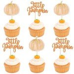 36 PCS Little Pumpkin Cupcake Toppers Pumpkin Cupcake Picks Gender Reveal Cupcake Decoration for Thanksgiving Birthday Baby Shower Fall Theme Party Cake Decorations Supplies Orange
