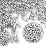 Silver Pearl Rods Star Sprinkles, Mix Size Candy, 130g/4.58oz, Pearl Sprinkles for Cake Decorations, Cupcake Toppers