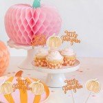 36 PCS Little Pumpkin Cupcake Toppers Pumpkin Cupcake Picks Gender Reveal Cupcake Decoration for Thanksgiving Birthday Baby Shower Fall Theme Party Cake Decorations Supplies Orange