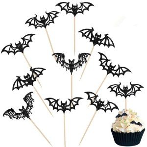 30 PCS Halloween Bat Cupcake Toppers Black Glitter Bat Halloween Cupcake Picks Halloween Bat Cupcake Decorations for Halloween Bat Theme Baby Shower Kids Birthday Party Cake Decorations Supplies