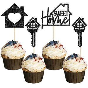 Gyufise 24 Pack Sweet Home Cupcake Toppers Glitter key Housewarming Cupcake Picks for Welcome New Home Theme Party Cake Decorations Supplies Black