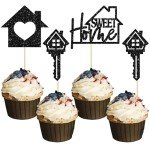 Gyufise 24 Pack Sweet Home Cupcake Toppers Glitter key Housewarming Cupcake Picks for Welcome New Home Theme Party Cake Decorations Supplies Black