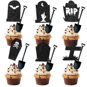 Halloween Cupcake Toppers, 48 PCS Tombstones Graveyard Cupcake Toppers with Mini Shovel Spoons for Halloween Party Decorations, Horror Birthday Decorations, Nightmare Before Christmas Cake Topper