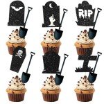Halloween Cupcake Toppers, 48 PCS Tombstones Graveyard Cupcake Toppers with Mini Shovel Spoons for Halloween Party Decorations, Horror Birthday Decorations, Nightmare Before Christmas Cake Topper