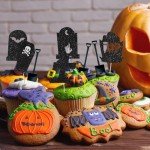 Halloween Cupcake Toppers, 48 PCS Tombstones Graveyard Cupcake Toppers with Mini Shovel Spoons for Halloween Party Decorations, Horror Birthday Decorations, Nightmare Before Christmas Cake Topper