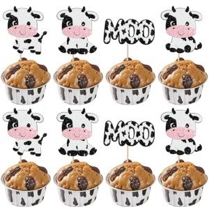 Rsstarxi 24 Pack Cow Cupcake Toppers Glitter Farm Animals Moo Cupcake Picks for Cow Theme Baby Shower Cow Birthday Party Cake Decorations Supplies