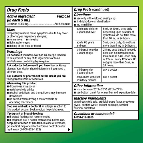 Amazon Basic Care Children’s 24 Hour Allergy Relief, Cetirizine Hydrochloride Oral Solution 1 mg/mL, Grape Flavor, Dye Free, 8 fl oz (Pack of 1)