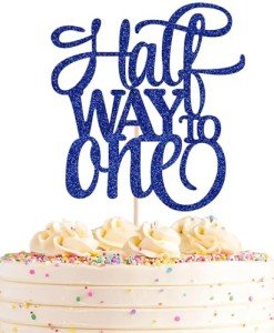 AHAORAY Half Way To One Cake Topper - Blue Glitter 6 Months Birthday Decorations Supplies - Half Birthday Decorations Baby Girl, for Baby Shower/Gender Reveal Party/Baby Party Photo Booth Props