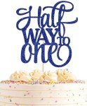 AHAORAY Half Way To One Cake Topper - Blue Glitter 6 Months Birthday Decorations Supplies - Half Birthday Decorations Baby Girl, for Baby Shower/Gender Reveal Party/Baby Party Photo Booth Props