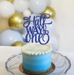 AHAORAY Half Way To One Cake Topper - Blue Glitter 6 Months Birthday Decorations Supplies - Half Birthday Decorations Baby Girl, for Baby Shower/Gender Reveal Party/Baby Party Photo Booth Props