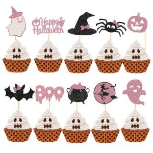 60Pcs Halloween Cupcake Toppers,Glitter Happy Halloween Cupcake Picks Bat Pumpkin Ghost Cupcake Decorations for Halloween Party Supplies, Pink Multi Style1
