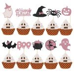 60Pcs Halloween Cupcake Toppers,Glitter Happy Halloween Cupcake Picks Bat Pumpkin Ghost Cupcake Decorations for Halloween Party Supplies, Pink Multi Style1
