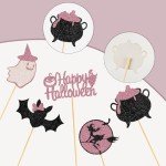 60Pcs Halloween Cupcake Toppers,Glitter Happy Halloween Cupcake Picks Bat Pumpkin Ghost Cupcake Decorations for Halloween Party Supplies, Pink Multi Style1