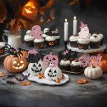 60Pcs Halloween Cupcake Toppers,Glitter Happy Halloween Cupcake Picks Bat Pumpkin Ghost Cupcake Decorations for Halloween Party Supplies, Pink Multi Style1