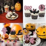 60Pcs Halloween Cupcake Toppers,Glitter Happy Halloween Cupcake Picks Bat Pumpkin Ghost Cupcake Decorations for Halloween Party Supplies, Pink Multi Style1