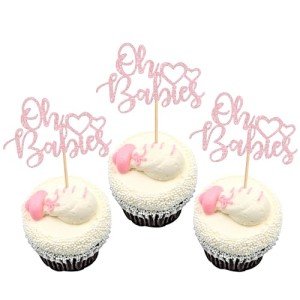 24 Pack Oh Babies Cupcake Toppers with Glitter Heart Baby Shower Cupcake Picks Celebrating Kids Birthday Baby Shower Party Cake Decorations Pink