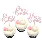 24 Pack Oh Babies Cupcake Toppers with Glitter Heart Baby Shower Cupcake Picks Celebrating Kids Birthday Baby Shower Party Cake Decorations Pink