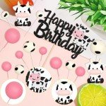 15 PCS Cow Cake Toppers Farm Cow Happy Birthday Cake Topper Miniature Figurines Cow Cake Decoration Foam Mini Balls Balloon Cake Decorations for Cow Theme Baby Shower Birthday Party Supplies