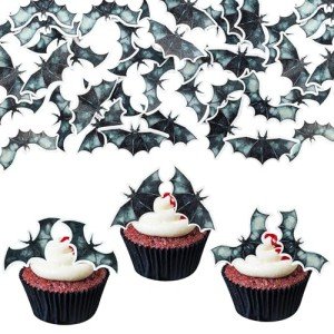 Gyufise 60Pcs Edible Halloween Bat Cupcake Toppers Edible Wafer Paper Bat Halloween Cupcake Picks for Baby Shower Kids Halloween Theme Birthday Party Cake Decorations Supplies Black