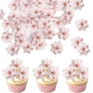 40 Pack Edible Cherry Blossom Cupcake Toppers Cherry Flowers Cake Toppers Rice Paper Wafer Paper Cake Picks for Cherry Blossom Bridal Shower Baby Shower Kids Birthday Cake Decorations Light Pink