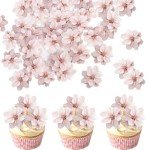 40 Pack Edible Cherry Blossom Cupcake Toppers Cherry Flowers Cake Toppers Rice Paper Wafer Paper Cake Picks for Cherry Blossom Bridal Shower Baby Shower Kids Birthday Cake Decorations Light Pink