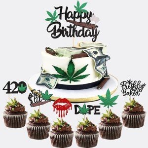 25 Pack Happy Birthday Cake Topper Glitter 420 Birthday Theme Cake Pick Pot Weed Leaves Cake Decorations for Men Women 420 Happy Birthday Party Supplies
