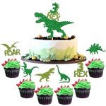 25 Pack Dinosaur Cupcake Toppers Glitter 3 Rex Roar Dinosaur Cupcake Picks Three Years Old Dino Theme Baby Shower Third Birthday Party Cake Decorations Supplies Green