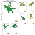 25 Pack Dinosaur Cupcake Toppers Glitter 3 Rex Roar Dinosaur Cupcake Picks Three Years Old Dino Theme Baby Shower Third Birthday Party Cake Decorations Supplies Green